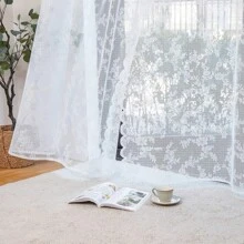 1 件复古花卉提花透明蕾丝门帘隐私和光线过滤，杆袋设计可机洗适用于客厅薄纱窗帘装饰、厨房窗帘 - 白色 - 查看 11