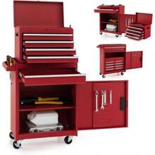 Metal Tool Cabinet, Combined Rolling Cabinet With Portable Tool Box, Mobile Workshop Trolley With 5 Drawers & Anti-Slip Mats, For Workshop & Household (Red) - 紅色 - 查看 2