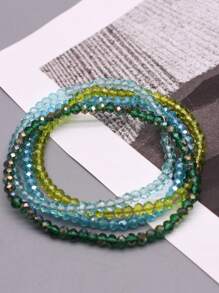 4pcs/Set Engraved Glass Bead Elastic Bracelets, AB Effect Glass Beads, Multi-Color Green & Blue Handmade Beaded Bracelets - Glass Bracelet - View 13