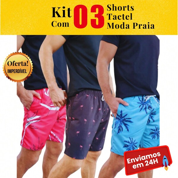 03 Shorts  Masculino Moda Praia  Neymar  Mauricinho Bermudas Verão Tactel