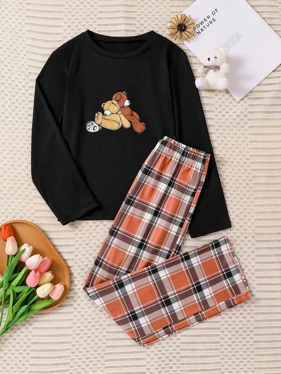 Fashionable And Elegant Home Leisure Set, Featuring A Round Neck Long Sleeved Top With A Bear Pattern And Checkered Pants. This Fabric Is Very Comfortable And Suitable For Tween Girls To Wear In Spring And Autumn Seasons - Black - View 1