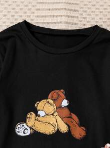 Fashionable And Elegant Home Leisure Set, Featuring A Round Neck Long Sleeved Top With A Bear Pattern And Checkered Pants. This Fabric Is Very Comfortable And Suitable For Tween Girls To Wear In Spring And Autumn Seasons - Black - View 3