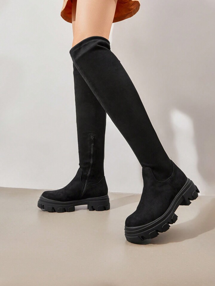 Women Elastic Soft Leather Over The Knee Boots Fashion Lug Sole Comfortable Stretch Sock Boots For Autumn Winter Wearing