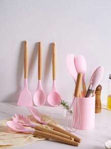 Set 12 espatulas utensilios de cocina de silicona con mango de madera - Rosa Pálido - Ver 9