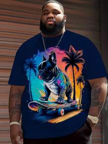 XL Män's Dog & Palm Tree Print Casual rundhalsad kortärmad T-shirt, sommar - Blå - Visa 1