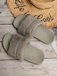 Women's Versatile Casual Fashion Lightweight Soft Bottom Plush Slippers For Indoors & Outdoors, Open Toe Anti-Slip EVA Slides, Autumn/Winter