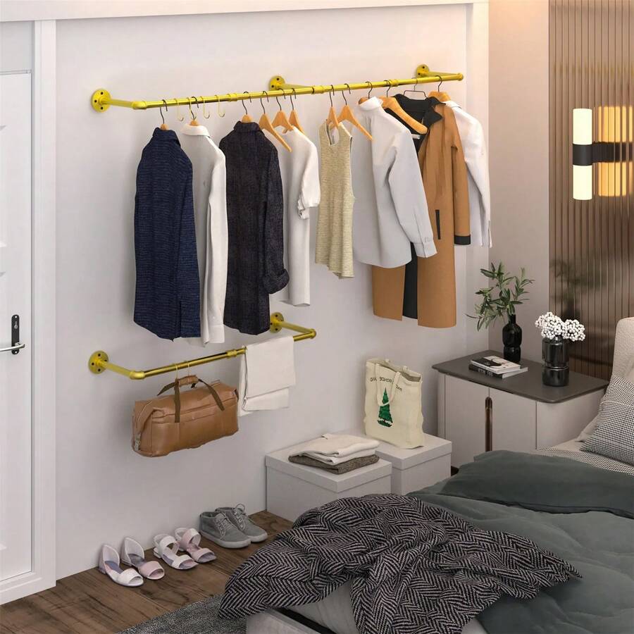 1pc 160cm Gold Wall Mount Garment Rack, Heavy Duty Clothes Hanging Rod