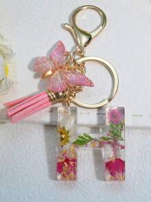 One Initial Keychain For Girl And Ladies, Pink Cute Dry Flower Dandelion Key Chain, Backpack/Handbag Decoration, Butterfly Tassel, Gift Car Accessories Bag Charm School Goth Y2k