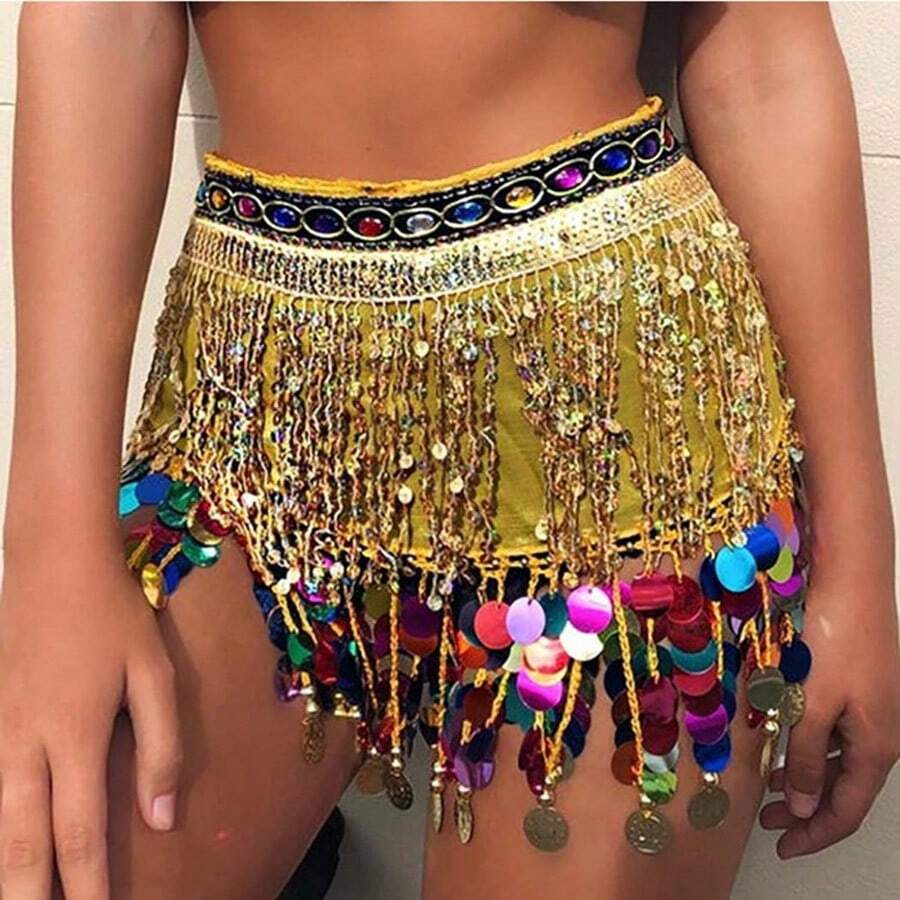 Costum de dans din buric cu ciucuri Lanț în talie Decorații de petrecere Fusta cu paiete cu ciucuri Învelitoare în talie Boemia cu ciucuri de performanță Esarfă de șold