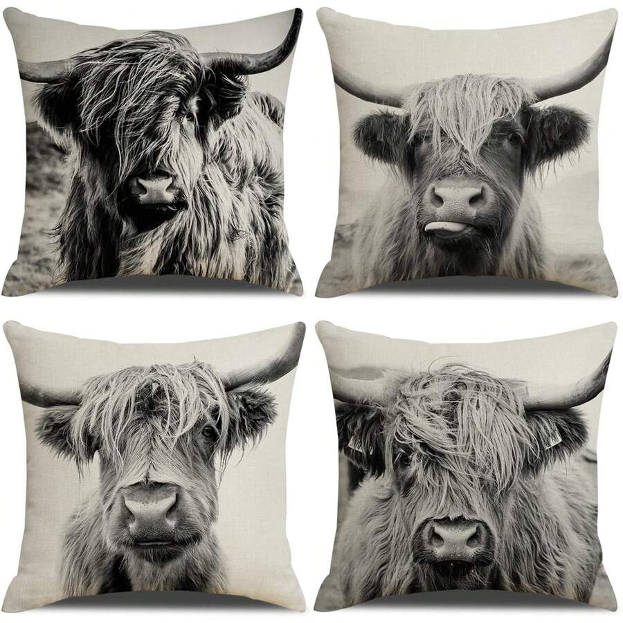 4pcs Highland Cow Pattern Pillow Case Decor Set - Western Style Decorative Pillows, Suitable For Home Sofa And Room Decor, Single-Sided Print, Pillow Insert Not Included - Dark Grey - View 1
