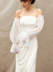 1pc White Mesh Puff Sleeve Midi Length Bride Decorative Sleeve Cuff With Elastic Ruched - Multicolor - View 10