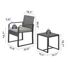 3 Pieces Patio Furniture  Bistro Sets, Outdoor Rattan Conversation With Glass Table, Wicker Sofa Furniture Set With Cushion, For Backyard, Porch, Poolside, Lawn,Garden, Camping,Outdoor Furniture  ,Outdoor Decor - 灰色 - 查看 2