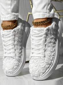 Women's Bridal 3D Floral White Sneakers, Lace-Up Platform Running Shoes, Low Vamp Casual Shoes For Wedding Season - White - View 4