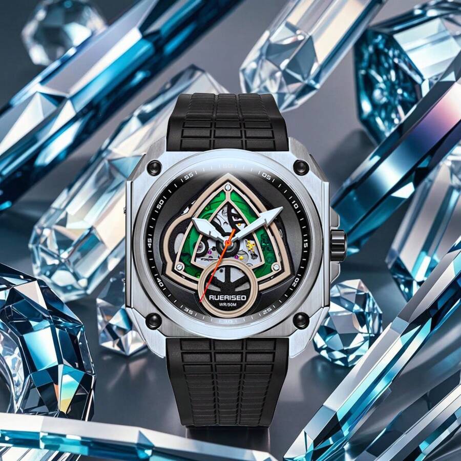 Ruerised Ma63007g男士玫瑰金不鏽鋼機械手錶,人造藍寶石錶盤,獨特設計並帶夜光,適合日常佩戴