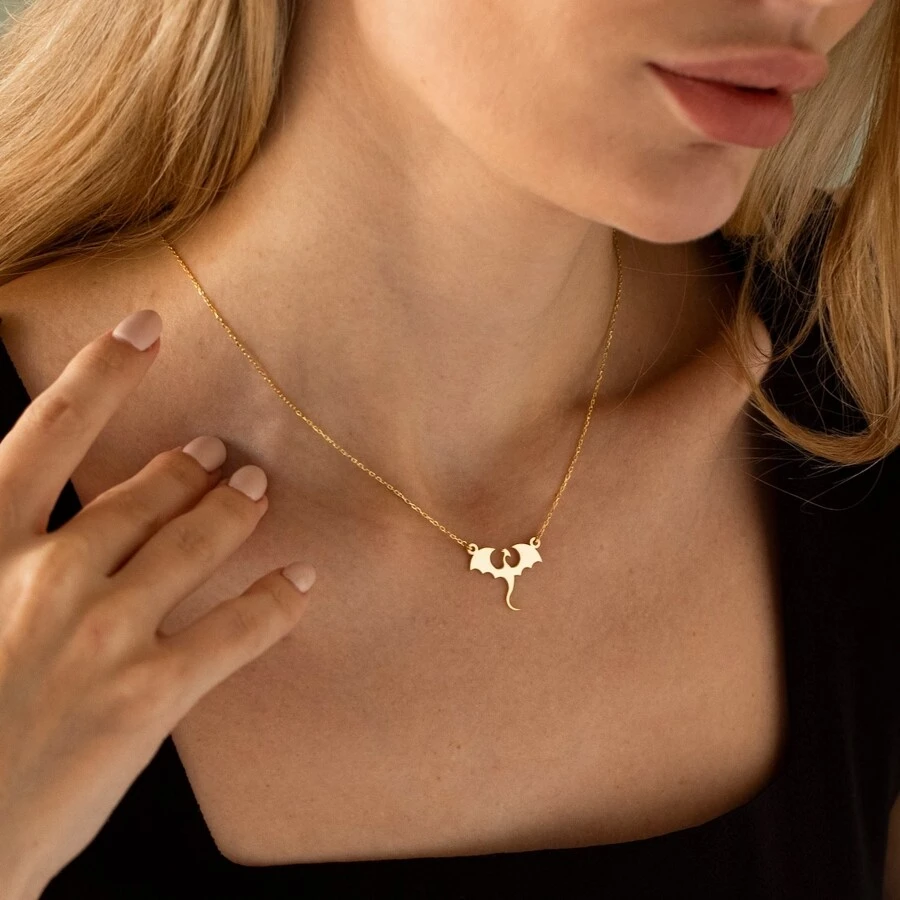 Collar con colgante de dragón de acero inoxidable, joyería de dragón fantástica, collar de dragón dorado gótico, collar medieval de uso diario - Collar - Ver 1