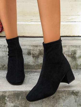 Women's Black Short Boots, Fashionable High Heel Square Toe, Comfortable Soft Suede Chunky Heel With Back Zipper, Dress Boots