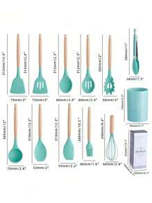 Set 12 espatulas utensilios de cocina de silicona con mango de madera - Rosa Pálido - Ver 5