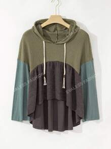Getextureerde colorblock patchwork brede mouw drop-shoulder gerafeld hoog laag hoodie