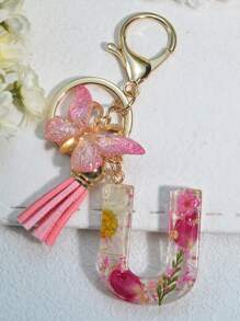 One Initial Keychain For Girl And Ladies, Pink Cute Dry Flower Dandelion Key Chain, Backpack/Handbag Decoration, Butterfly Tassel, Gift Car Accessories Bag Charm School Goth Y2k