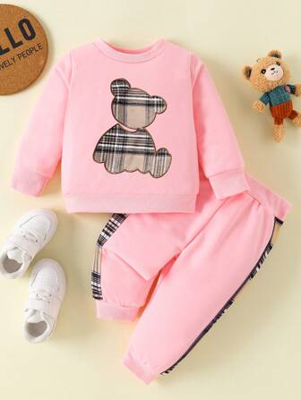 2pcs Baby Girls' Plaid Bear Print Long Sleeve Shirt And Plaid Patchwork Pants Set, Spring Autumn