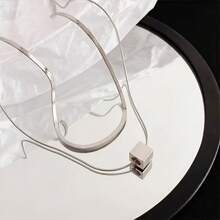 1pc Simple Double Layers Titanium Steel Small Square Pendant Necklace, Silvery Stacking Clavicle Chain For Men Christmas New Year Valentine's Day Holiday Gift