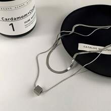 1pc Simple Double Layers Titanium Steel Small Square Pendant Necklace, Silvery Stacking Clavicle Chain For Men Christmas New Year Valentine's Day Holiday Gift