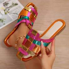 Stylish And Comfortable Colorblocked Square Toe Sandals For Women - Flat Bottomed Woven Hollow Toe Half Slippers - 橘色 - 查看 4
