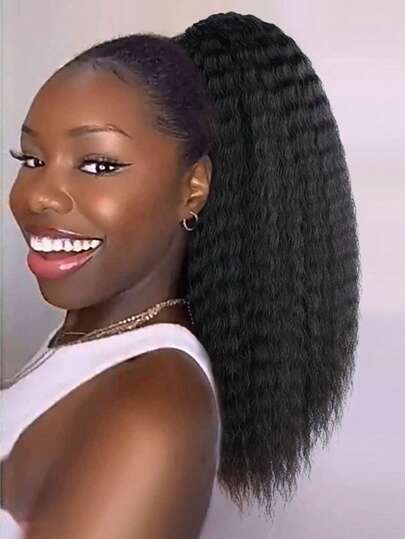 16英寸卷曲Yaki马尾假发，水波纹抽绳马尾，适合自然黑色抽绳马尾，合成非洲直马尾，感恩节礼物（1B#），适合日常、派对、万圣节、角色扮演