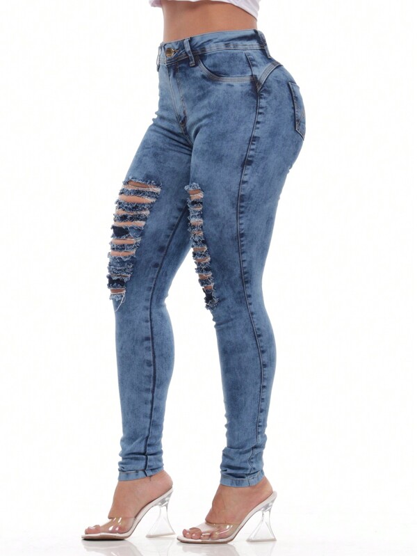 Calça Jeans Feminina Rasgada  Super Skinny com alta elasticidade Elastano