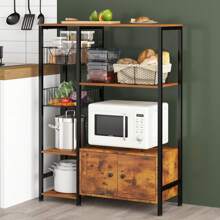 Modern Freestanding Kitchen Bakers Rack With 2 Baskets,Microwave Oven Stand With Shelves,Utility Storage Shelf With Metal Frame,Small Coffee Bar Station,Brown