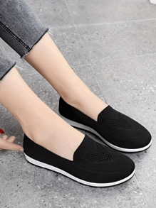 女士浅口一脚蹬方形鞋舒适轻便休闲平底鞋妈妈鞋