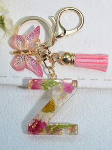 One Initial Keychain For Girl And Ladies, Pink Cute Dry Flower Dandelion Key Chain, Backpack/Handbag Decoration, Butterfly Tassel, Gift Car Accessories Bag Charm School Goth Y2k