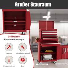 Metal Tool Cabinet, Combined Rolling Cabinet With Portable Tool Box, Mobile Workshop Trolley With 5 Drawers & Anti-Slip Mats, For Workshop & Household (Red) - 紅色 - 查看 3