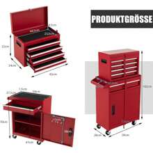 Metal Tool Cabinet, Combined Rolling Cabinet With Portable Tool Box, Mobile Workshop Trolley With 5 Drawers & Anti-Slip Mats, For Workshop & Household (Red) - 紅色 - 查看 4