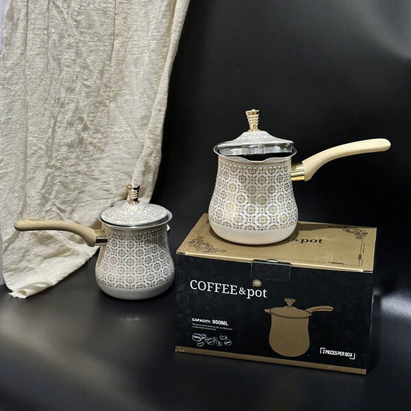 2pcs Set Stainless Steel Turkish Coffee Pot With Wooden Handle, Decorative Painting Back To School