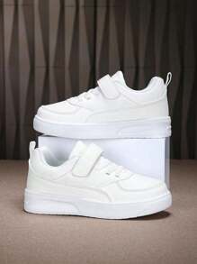 Teens Casual Personalized Sports Shoes, Campus Style Comfortable White Sneakers, Spring & Autumn Unisex Big Kids Simple Hook-And-Loop Flat Shoes