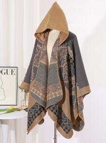 1pc Geometric Pattern Acrylic Hooded/Hoodless Cape Poncho, Fashionable Loose Fit Versatile Cloak For Spring, Summer, Autumn & Winter
