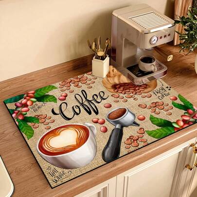 Tapete de barra de café com padrão de feijão de café de 1 unidade, tapete de drenagem, tapete de drenagem de diatomita para cafeteira, tapete de drenagem de borracha macia, antiderrapante, super absorvente e resistente ao desgaste, tapete de secagem de pratos, para bancada, restaurante, cozinha, pátio, decoração de cozinha doméstica