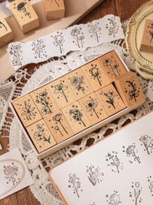 10 piezas/caja, sellos de madera rectangulares vintage simples para manualidades DIY, diarios, scrapbooking y artesanía de papel - ideales para diseños florales, jardinería y arte inspirado en la naturaleza Vuelta al cole, Vuelta al cole, Útiles escolares