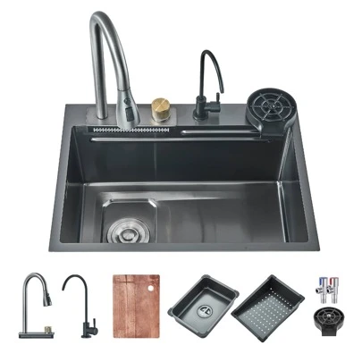 Selense Fregadero de cocina rectangular inteligente de color gris  plomizo de 60 * 46 cm, fregadero de cocina portátil empotrado de acero inoxidable de un solo seno con caño en cascada, superficie de trabajo en encimera, con juego de accesorios completo (estante para tazas, cesta escurridora, tabla de cortar), Adecuado para comedores, cocinas, autocaravanas y bares,Decoración de cocina moderna.