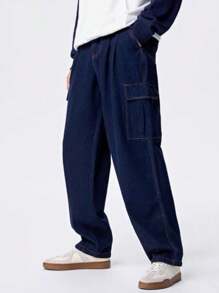 CARGO JEANS Pants With Side POCKET Adjustable Waist Wide Long Unisex - 深色水洗藍 - 查看 2