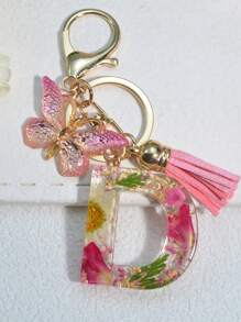 One Initial Keychain For Girl And Ladies, Pink Cute Dry Flower Dandelion Key Chain, Backpack/Handbag Decoration, Butterfly Tassel, Gift Car Accessories Bag Charm School Goth Y2k