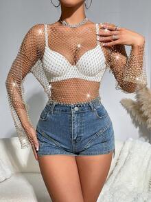 Women Summer Rhinestone See-Through Stand Collar Drop Shoulder Sleeve Sexy Party Top - Gold - View 6