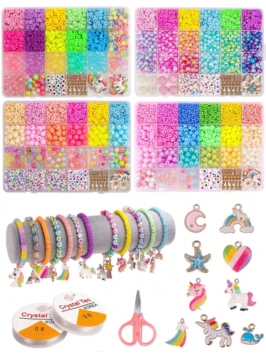 Kit de artizanat cu margele acrilice pentru copii, include unicorn, floare, coajă, fluture, acadea, lună, pandantiv inimă, mărgele de sticlă, jucării pentru bijuterii pentru fete, cadou de Crăciun - Multicolor - Vizualizare 1