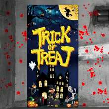 1 szt. Dekoracja na Halloween (34,6 X70,8 cala), Horror Night Pumpkin Castle Door Cover Porch Sign Scarecrow Full Moon Ghosts Indoor Outdoor Scary Halloween Eve Door Banner Trick Or Treat Photo Booth Props Backdrop For Halloween Party Supplies, Christmas
