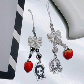 1 件 Nana 钥匙扣、手机挂饰、动漫女孩肖像、草莓蝴蝶结串珠吊坠、汽车钥匙扣、背包装饰、包袋配饰、礼品汽车配饰包袋挂饰学校字母可爱哥特 Y2k