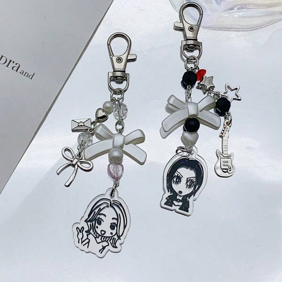 1pc Nana Keychain, Phone Charm, Anime Girl Portrait, Strawberry Bow Beaded Pendant, Car Key Chain, Backpack Decoration, Bag Accessory, Gift Car Accessories Bag Charm School Letter Cute Goth Y2k - Multicolor - View 1