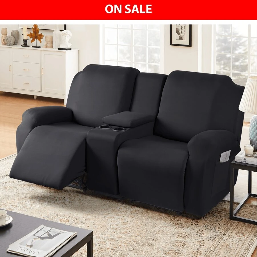 Solid Reclining Loveseat With Middle Console Couch Cover, 4 Piece Polyester Fabric Stretch Reclining Sofa Covers Chair Seat Covers For  Pets, Kids - màu đen - Xem 1