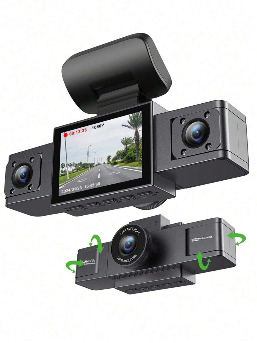 GMAIPOP 1pc Dash Cam 3 Channel Video Recorder Three Lens Car Camera Black Box