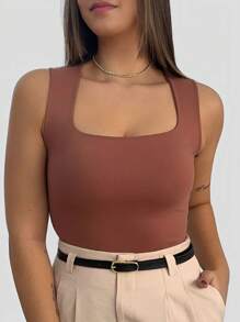 Kit 3 Basic Bodysuit Square Neckline Wide Straps Modeler Versatile Casual Suplex Brown Gray Black Fashion Blogger Gringa - Nhiều màu - Xem 2